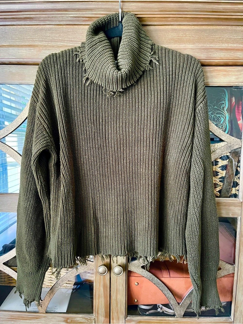 525 America Olive Green Distressed Turtleneck Sweater; 100% Cotton